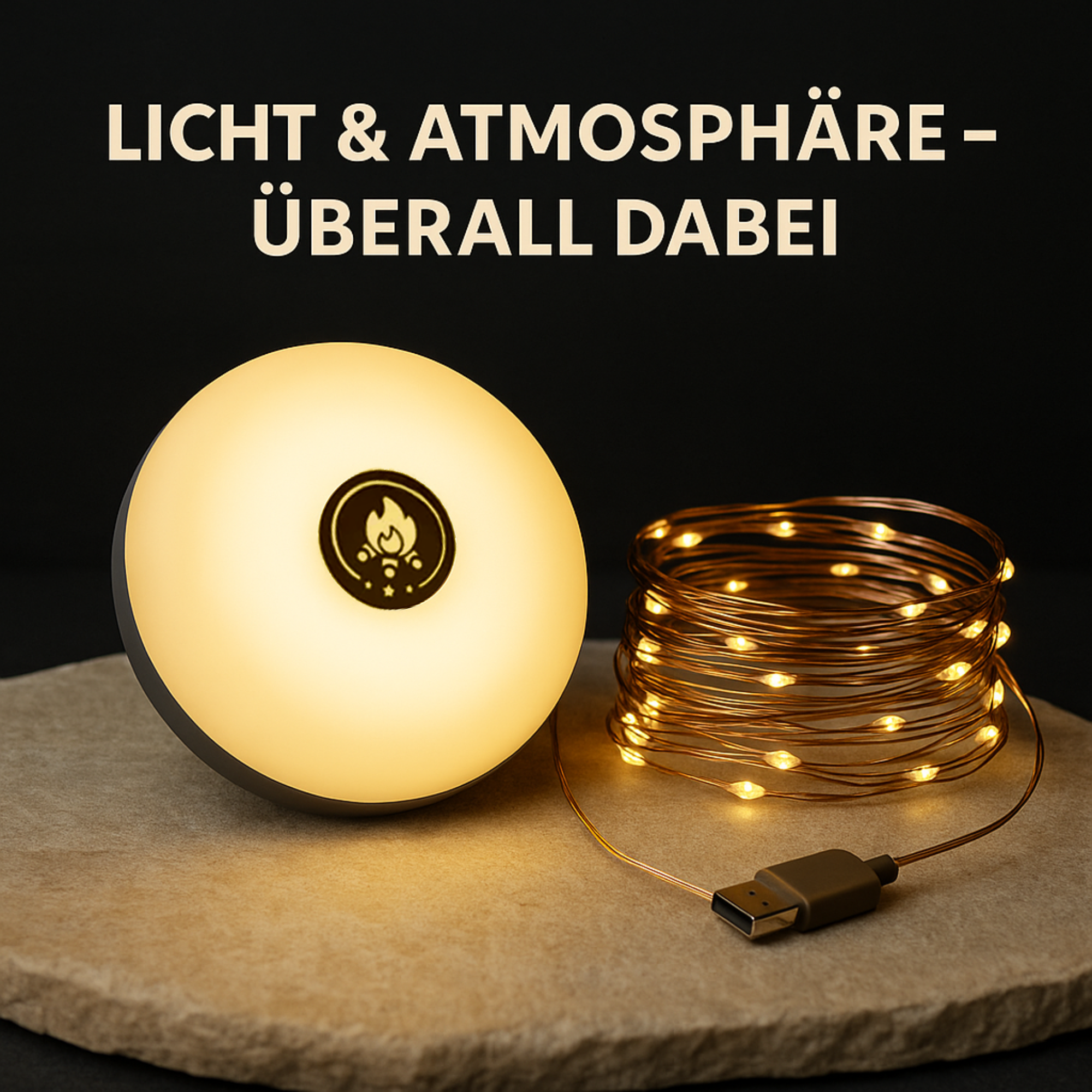 LumoCamp – 4-in-1 LED Campinglampe & Lichterkette | Wiederaufladbar & Wetterfest | Für Zelt, Outdoor & Festival
