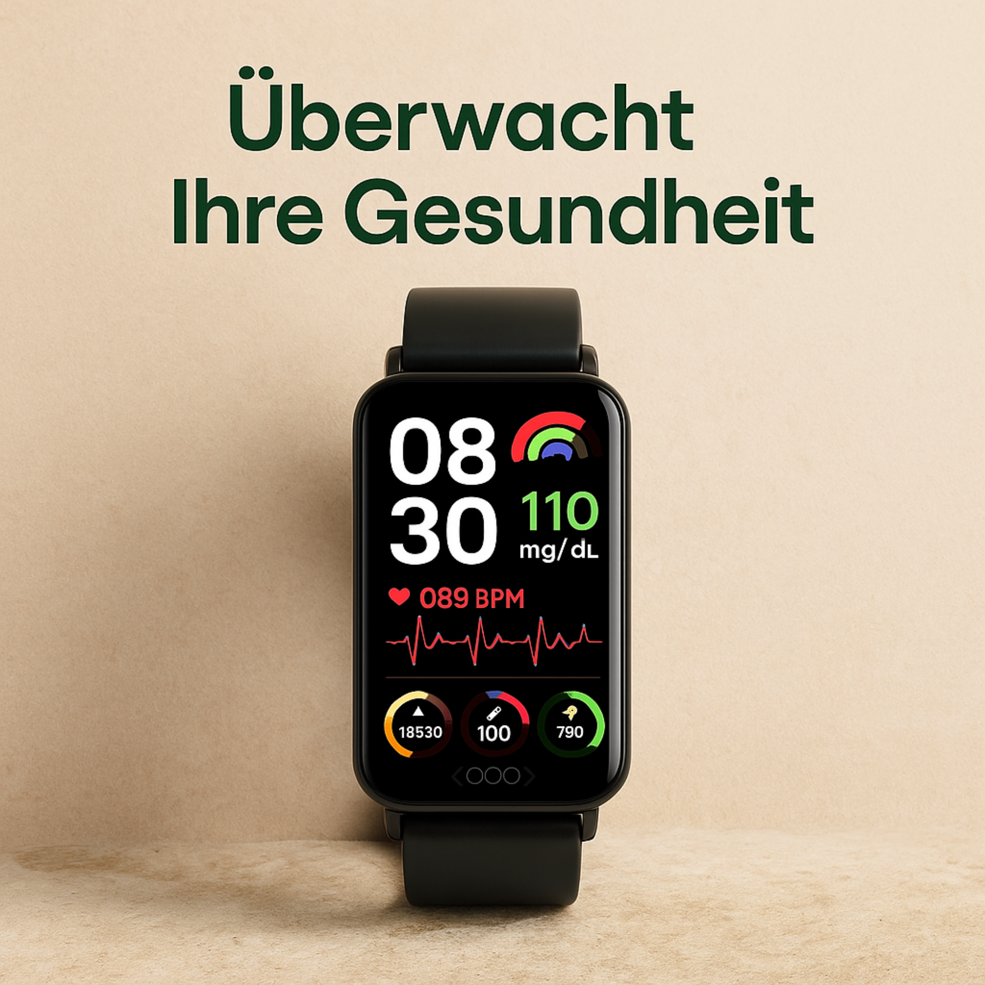 GlucoTrack – Smartwatch zur Glukose- & Blutdruckmessung | Gesundheitsuhr mit Herzfrequenz & IP68 wasserdicht | Ideal für Alltag & Senioren