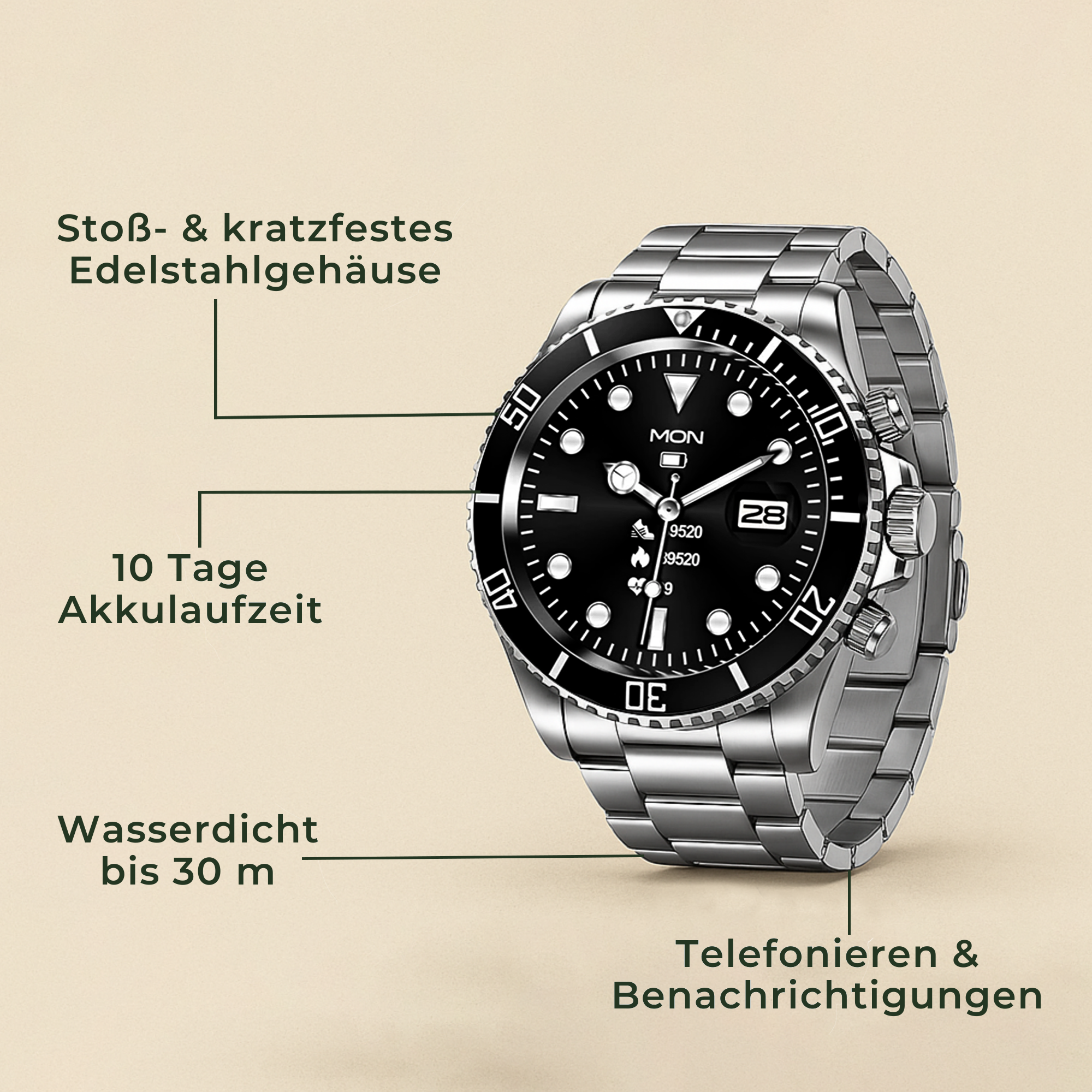 TitanPro – robuste Smartwatch | 10 Tage Akku & IP68 Edelstahlgehäuse | Outdoor Uhr für Handwerker & Sport