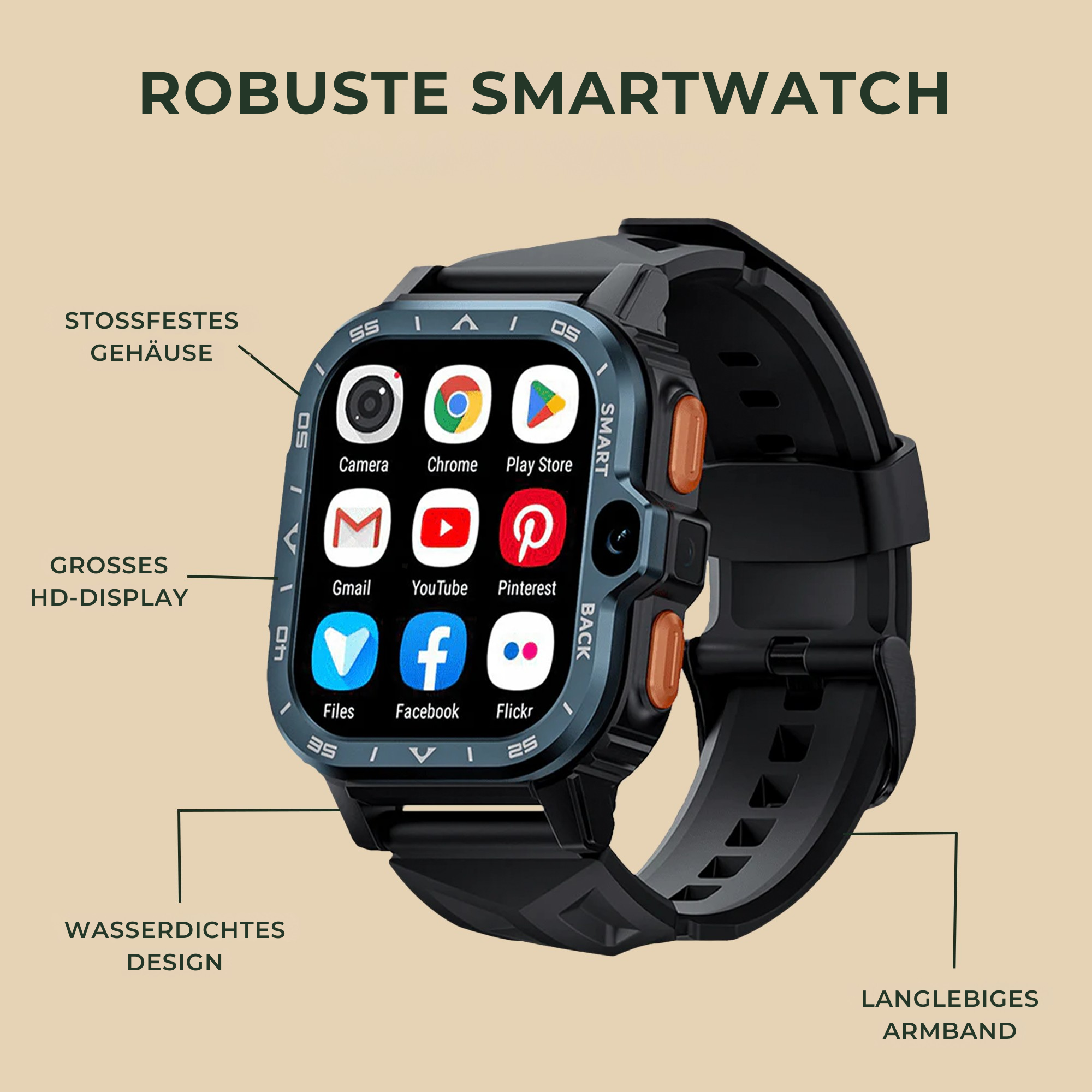 Vextro – SIM Smartwatch | Anruf & Video IP68 stoßfest | Outdoor Arbeit Herren