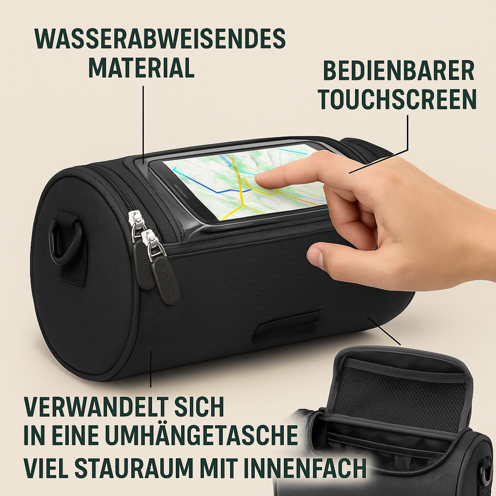 VeloTrail – Fahrradtasche mit Handyfach | Wasserdichtes Touchscreen-Nylon | Lenker- & Schultertasche für Pendler & E-Bike Nutzer