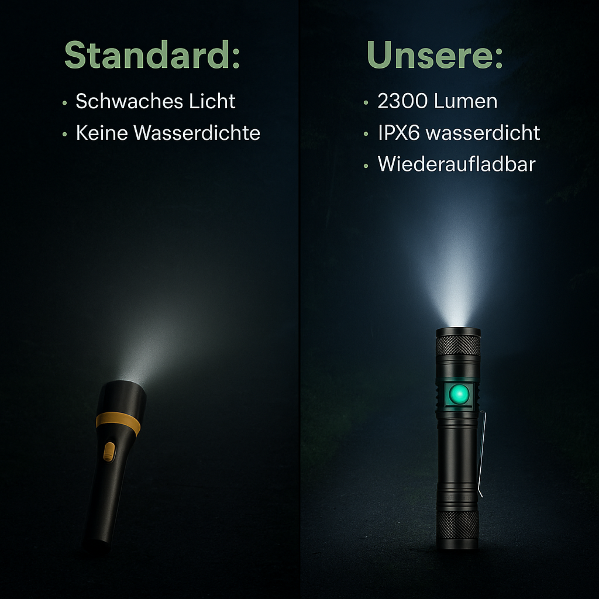 TrekBeam – LED Taschenlampe Outdoor | USB wiederaufladbar IPX6 wasserdicht | Kompakt & leicht für Wandern & Camping