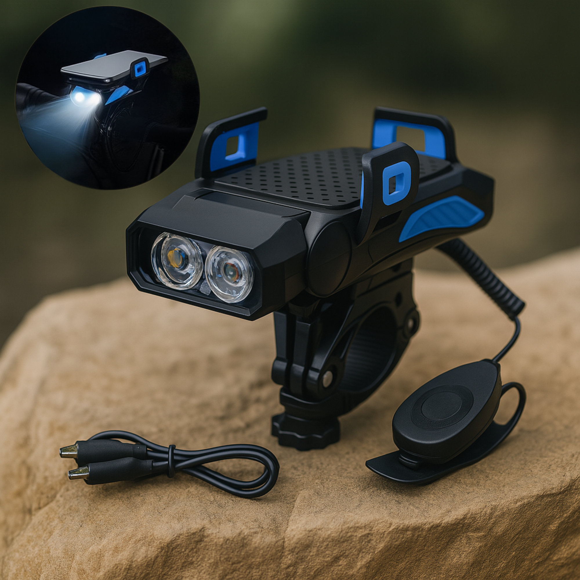 SafeVolt – 4-in-1 Fahrrad Handyhalter mit LED Licht & Powerbank | USB Hupe & rutschfest | Für MTB & Citybike Sicherheit