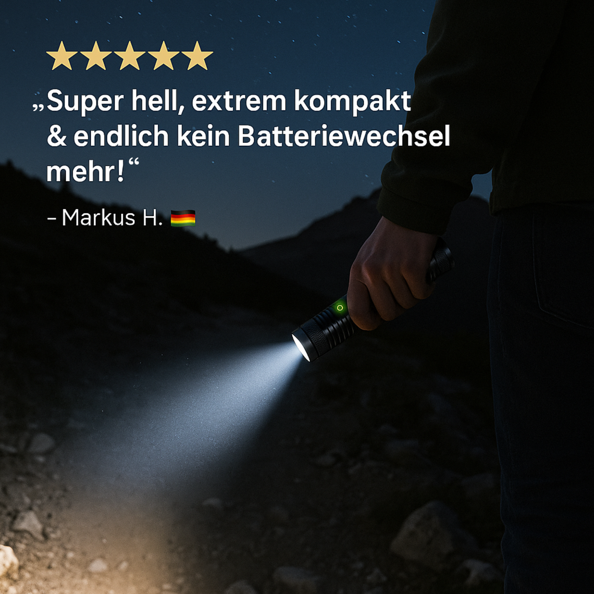 TrekBeam – LED Taschenlampe Outdoor | USB wiederaufladbar IPX6 wasserdicht | Kompakt & leicht für Wandern & Camping
