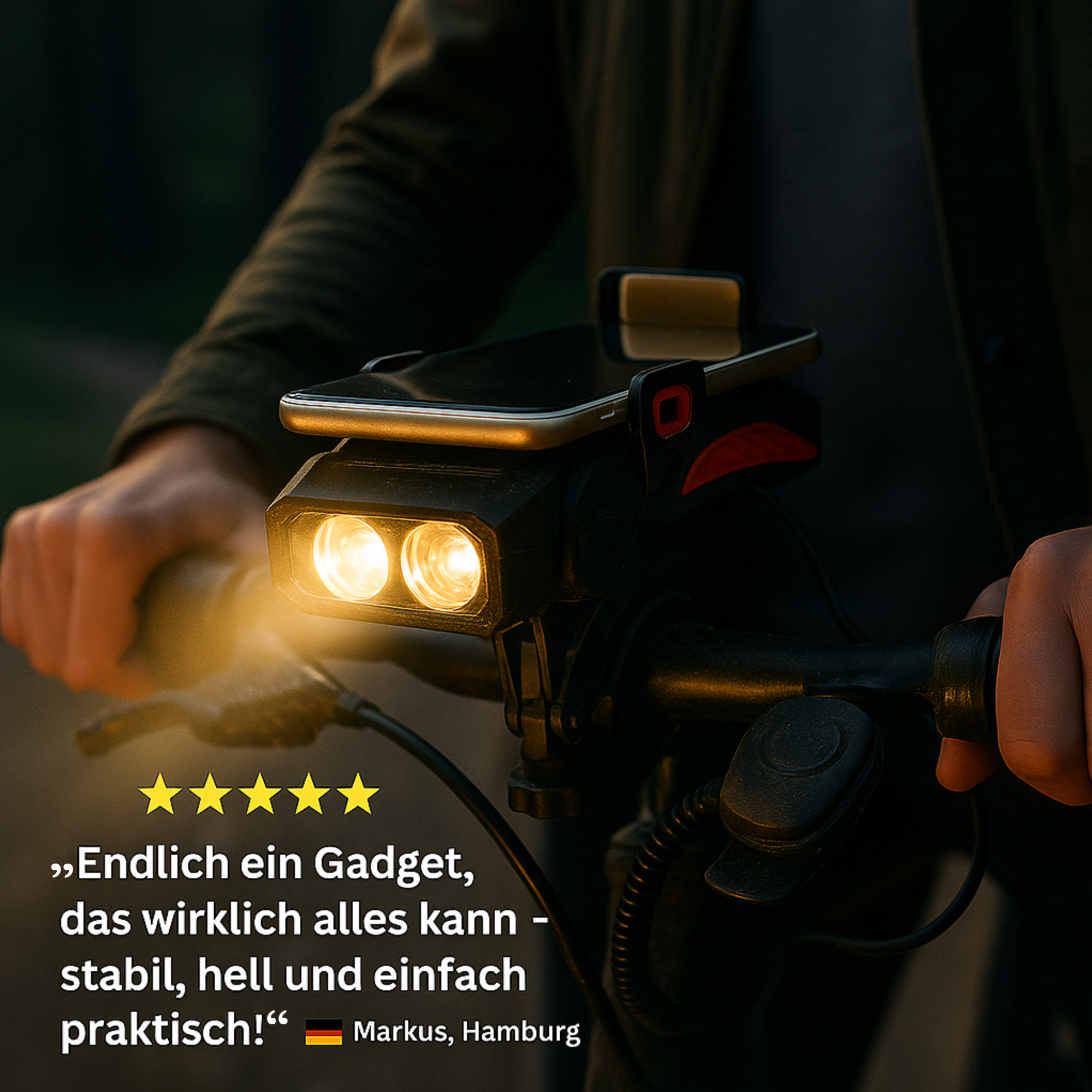 SafeVolt – 4-in-1 Fahrrad Handyhalter mit LED Licht & Powerbank | USB Hupe & rutschfest | Für MTB & Citybike Sicherheit