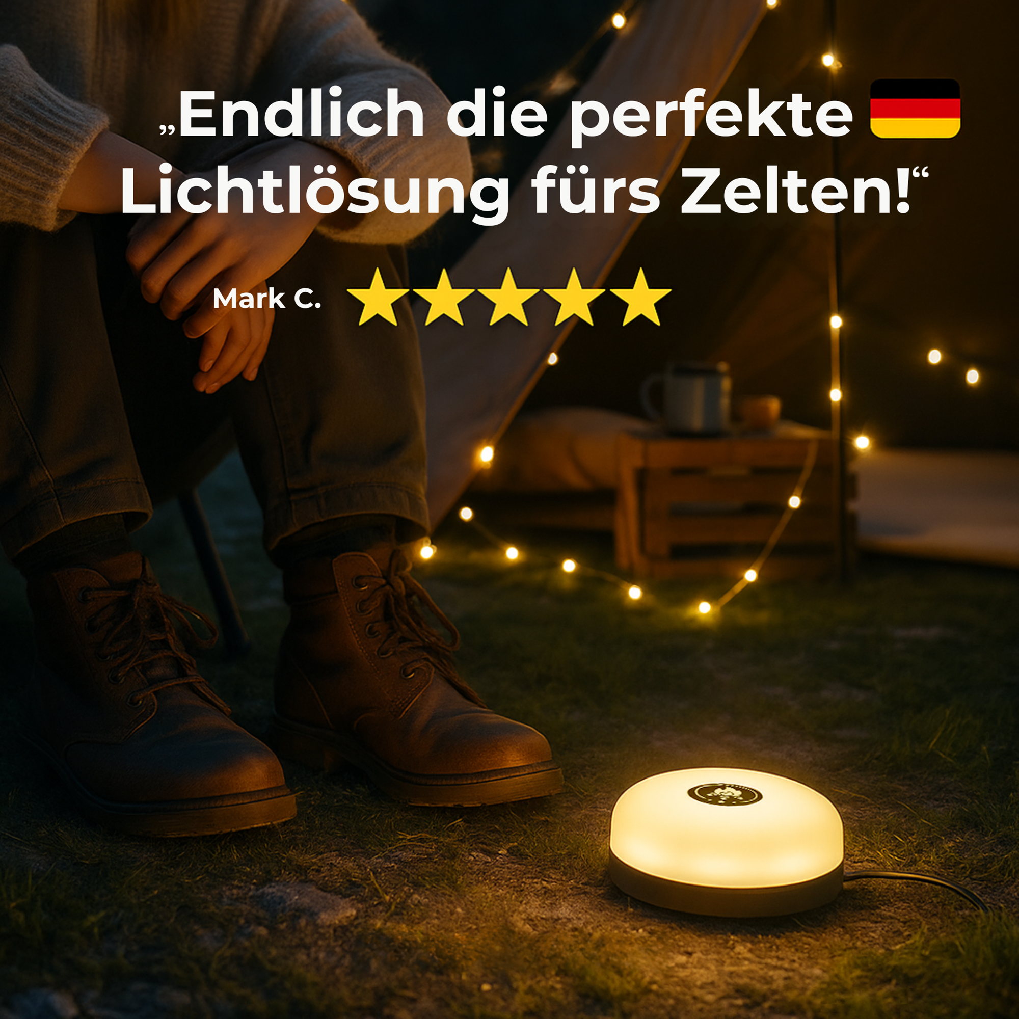 LumoCamp – 4-in-1 LED Campinglampe & Lichterkette | Wiederaufladbar & Wetterfest | Für Zelt, Outdoor & Festival