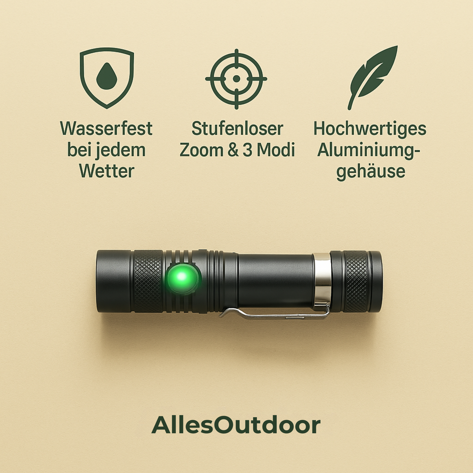 TrekBeam – LED Taschenlampe Outdoor | USB wiederaufladbar IPX6 wasserdicht | Kompakt & leicht für Wandern & Camping