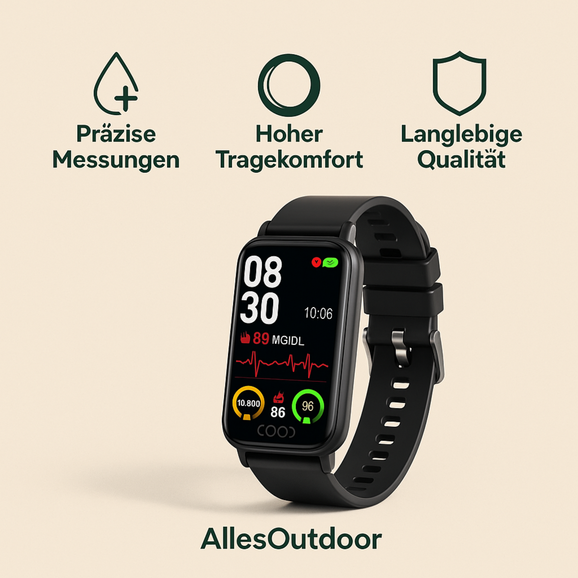 GlucoTrack – Smartwatch zur Glukose- & Blutdruckmessung | Gesundheitsuhr mit Herzfrequenz & IP68 wasserdicht | Ideal für Alltag & Senioren