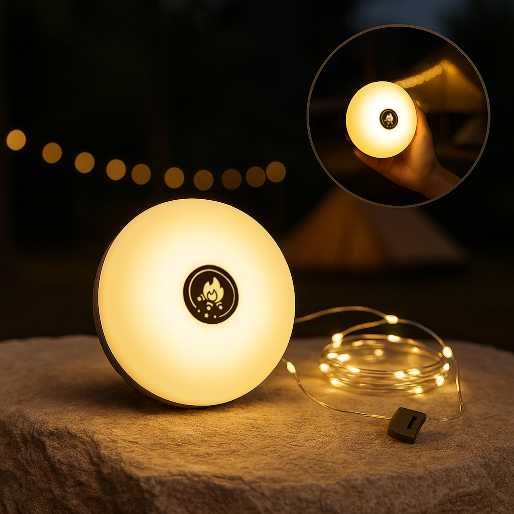 LumoCamp – 4-in-1 LED Campinglampe & Lichterkette | Wiederaufladbar & Wetterfest | Für Zelt, Outdoor & Festival