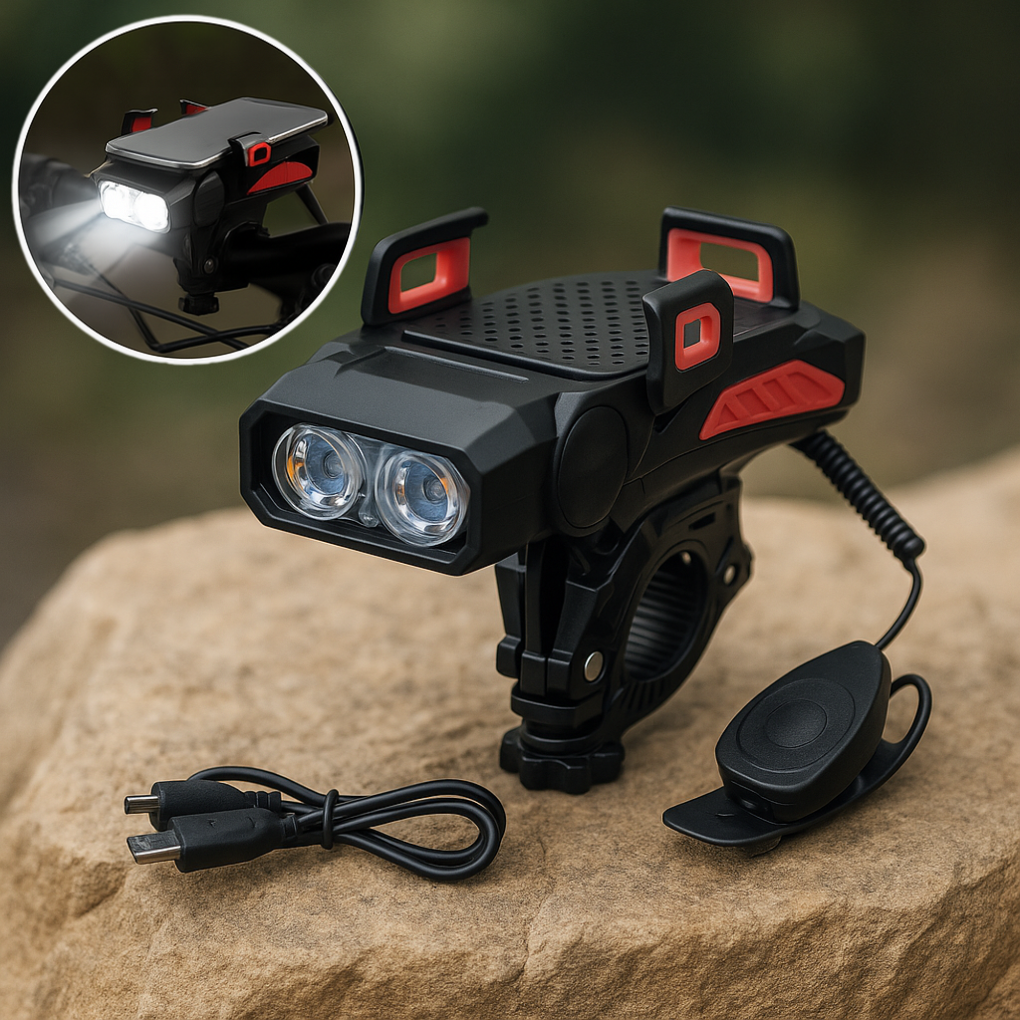 SafeVolt – 4-in-1 Fahrrad Handyhalter mit LED Licht & Powerbank | USB Hupe & rutschfest | Für MTB & Citybike Sicherheit