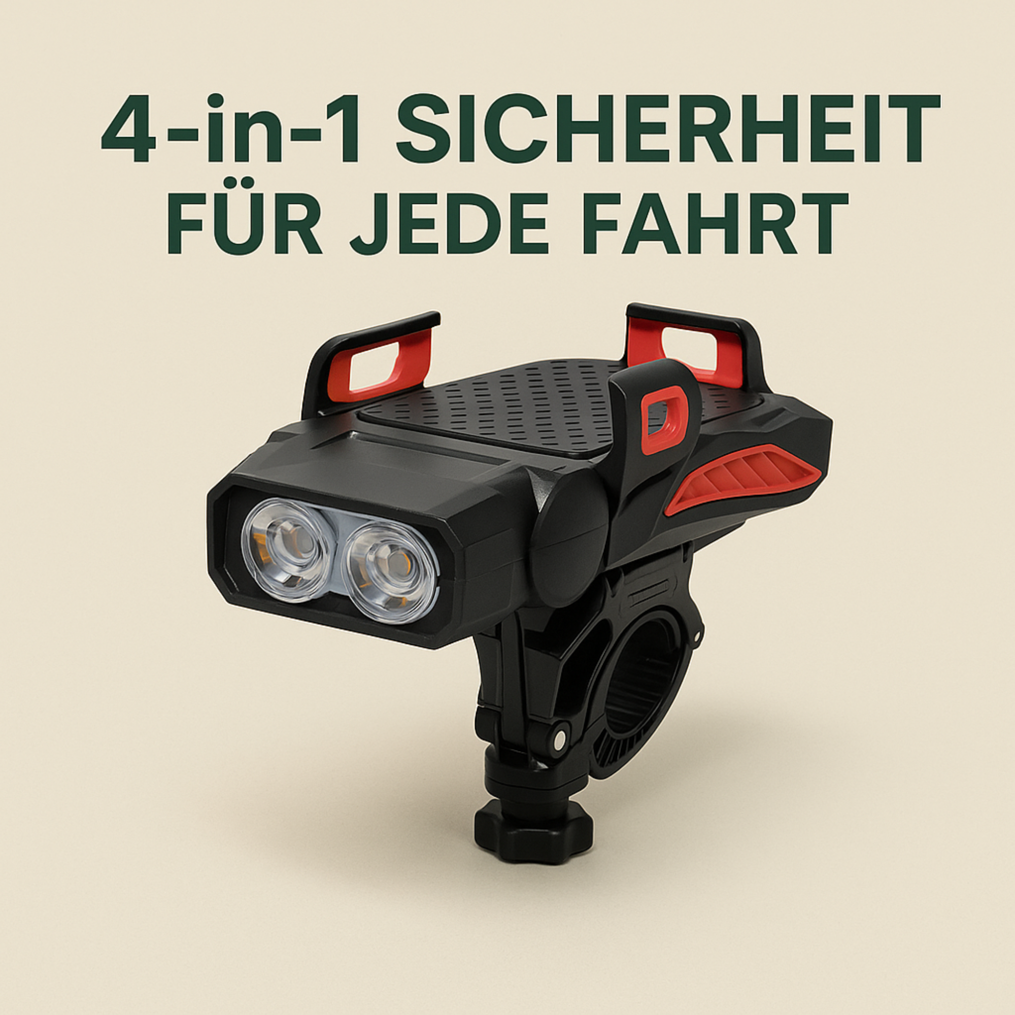 SafeVolt – 4-in-1 Fahrrad Handyhalter mit LED Licht & Powerbank | USB Hupe & rutschfest | Für MTB & Citybike Sicherheit