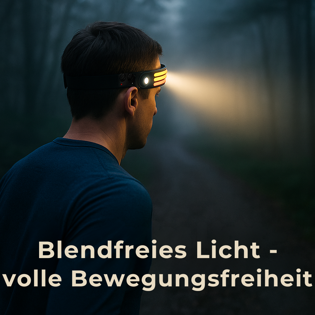 TrailGuard – Stirnlampe Sensor gesteuert | 230° Weitwinkel ultraleicht wasserdicht | Für Joggen Camping Outdoor