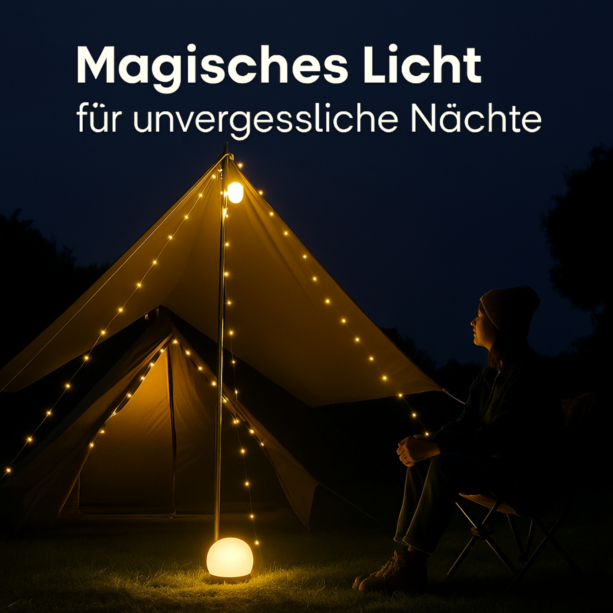 LumoCamp – 4-in-1 LED Campinglampe & Lichterkette | Wiederaufladbar & Wetterfest | Für Zelt, Outdoor & Festival
