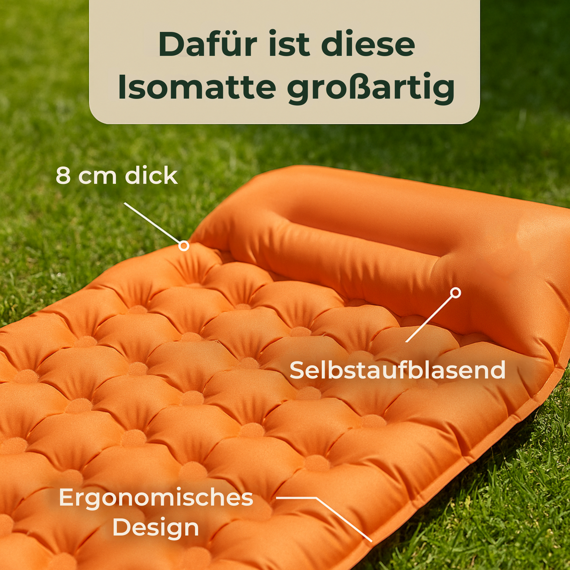 AirEase – selbstaufblasbare Isomatte | 8 cm Komfortdicke wasserfest | ultraleicht & kompakt für Camping & Festival