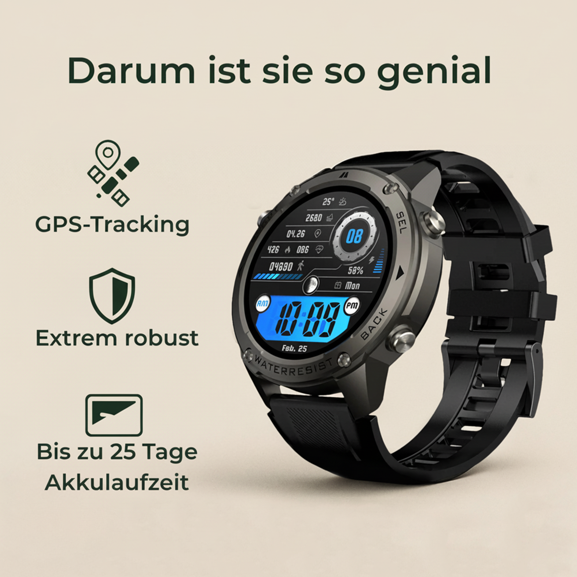 GearPro – GPS Smartwatch wasserdicht | Dual-Band Navigation kratzfest | Outdoor Sport & Alltag
