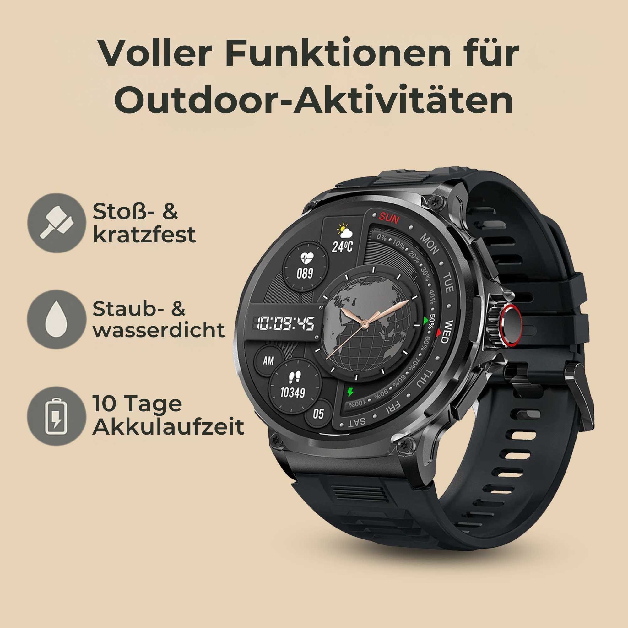 PulseX – Smartwatch robust mit Gesundheitsfunktionen | stoßfest & wasserdicht (IP68) | für Outdoor & Alltag