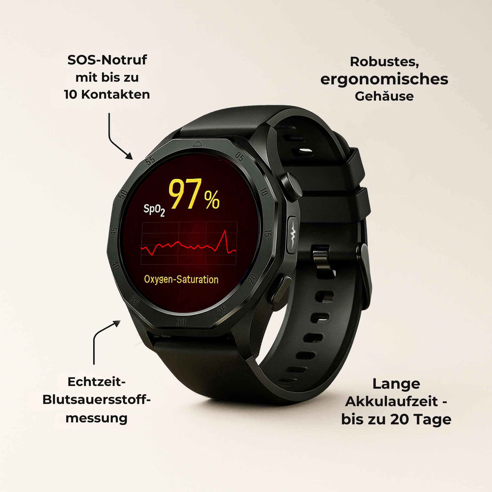 PulsePro – Gesundheits-Smartwatch mit SOS & Blutanalyse | Intelligente Vitalüberwachung & Notruf | Für Alltag, Sport & Sicherheit