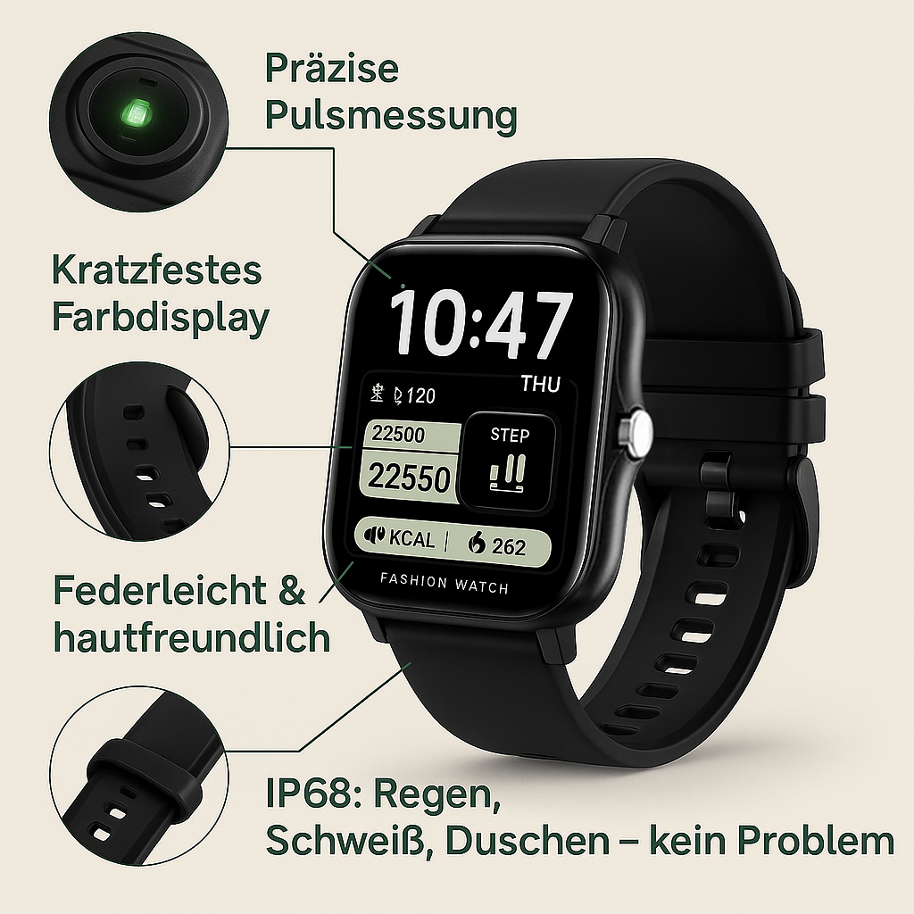 FitKontrol – Gesundheits-Smartwatch | Schrittzähler Schlafüberwachung | Wasserdicht IP68 für Fitness & Alltag