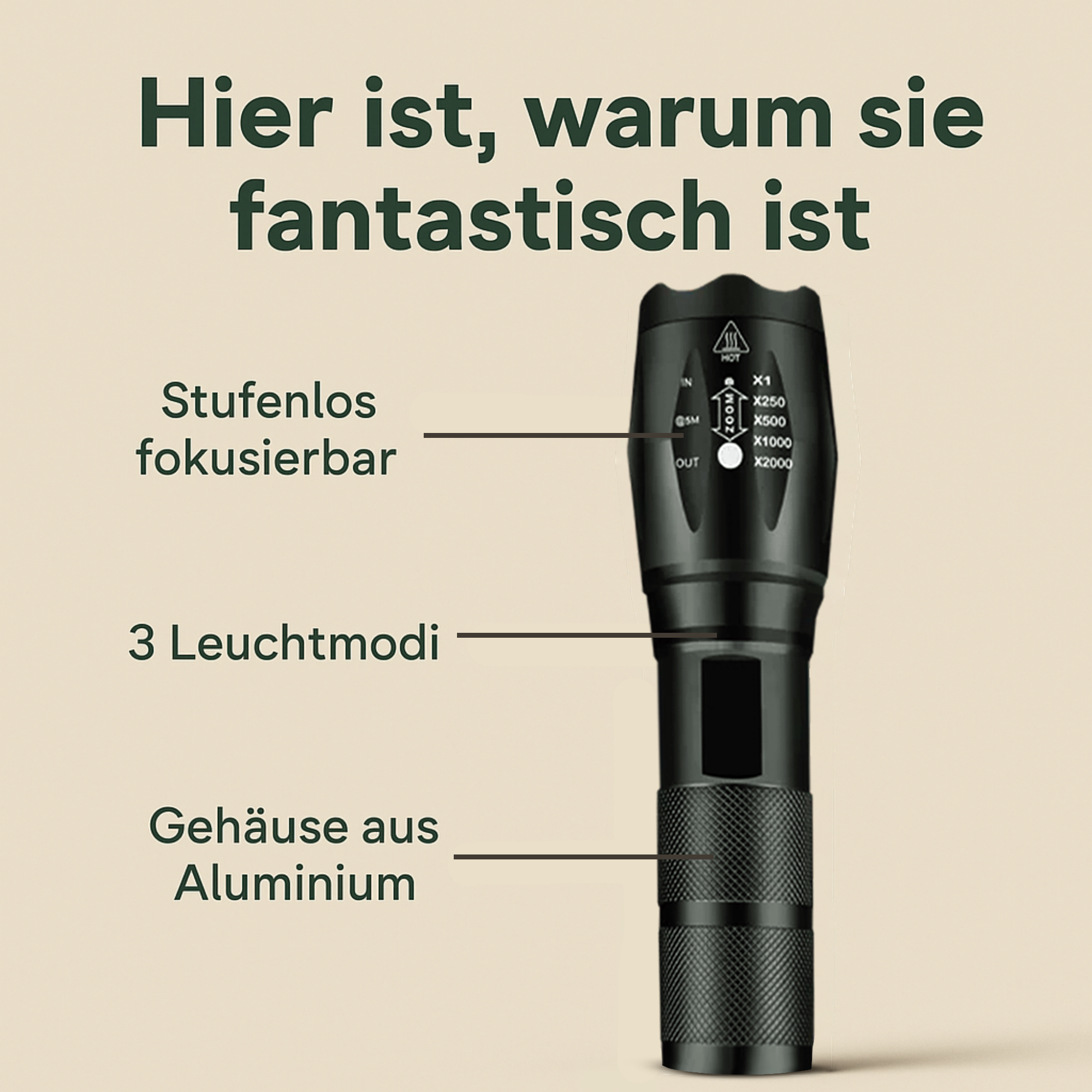 NightCore – Militärische LED Taschenlampe | Ultrahell, Zoom & USB-Aufladung | Für Notfälle, Outdoor & Nachtpatrouillen