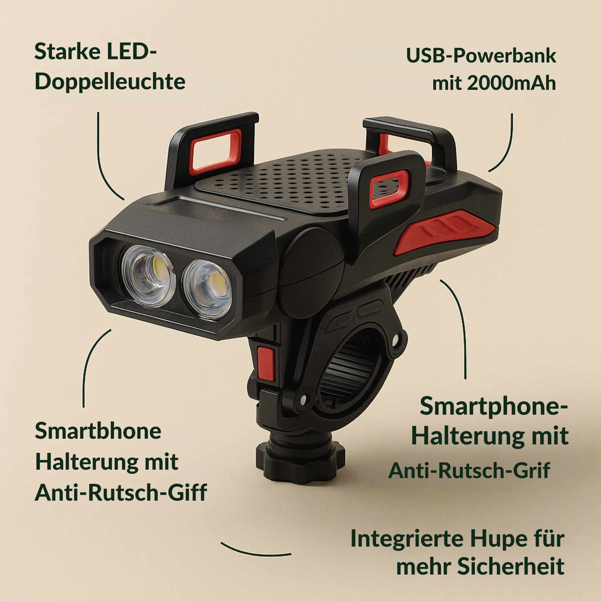 SafeVolt – 4-in-1 Fahrrad Handyhalter mit LED Licht & Powerbank | USB Hupe & rutschfest | Für MTB & Citybike Sicherheit