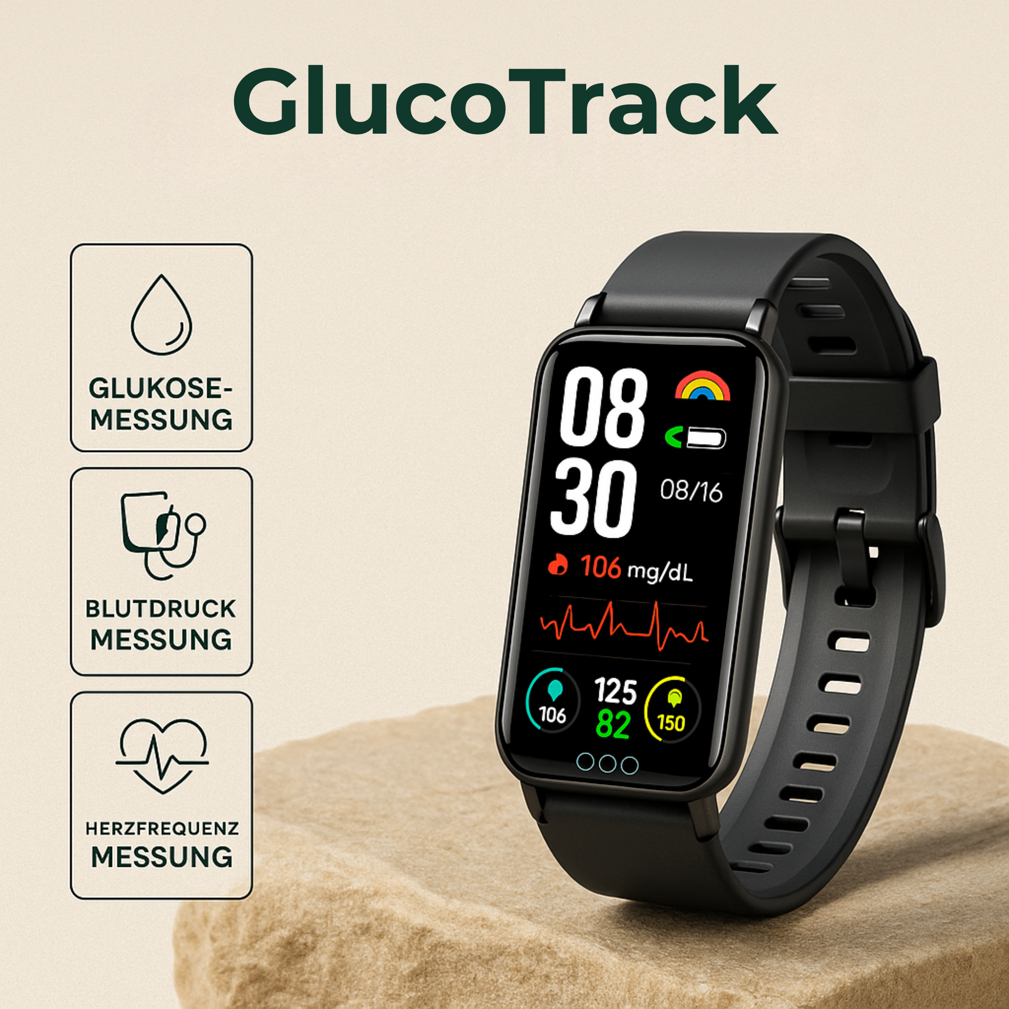 GlucoTrack – Smartwatch zur Glukose- & Blutdruckmessung | Gesundheitsuhr mit Herzfrequenz & IP68 wasserdicht | Ideal für Alltag & Senioren