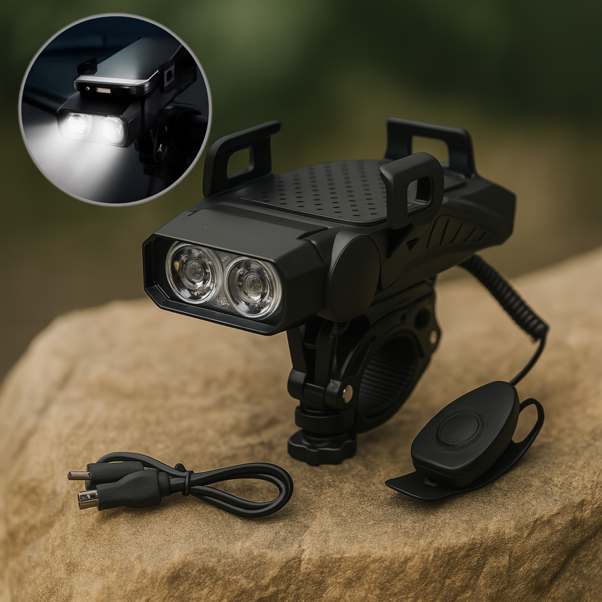 SafeVolt – 4-in-1 Fahrrad Handyhalter mit LED Licht & Powerbank | USB Hupe & rutschfest | Für MTB & Citybike Sicherheit