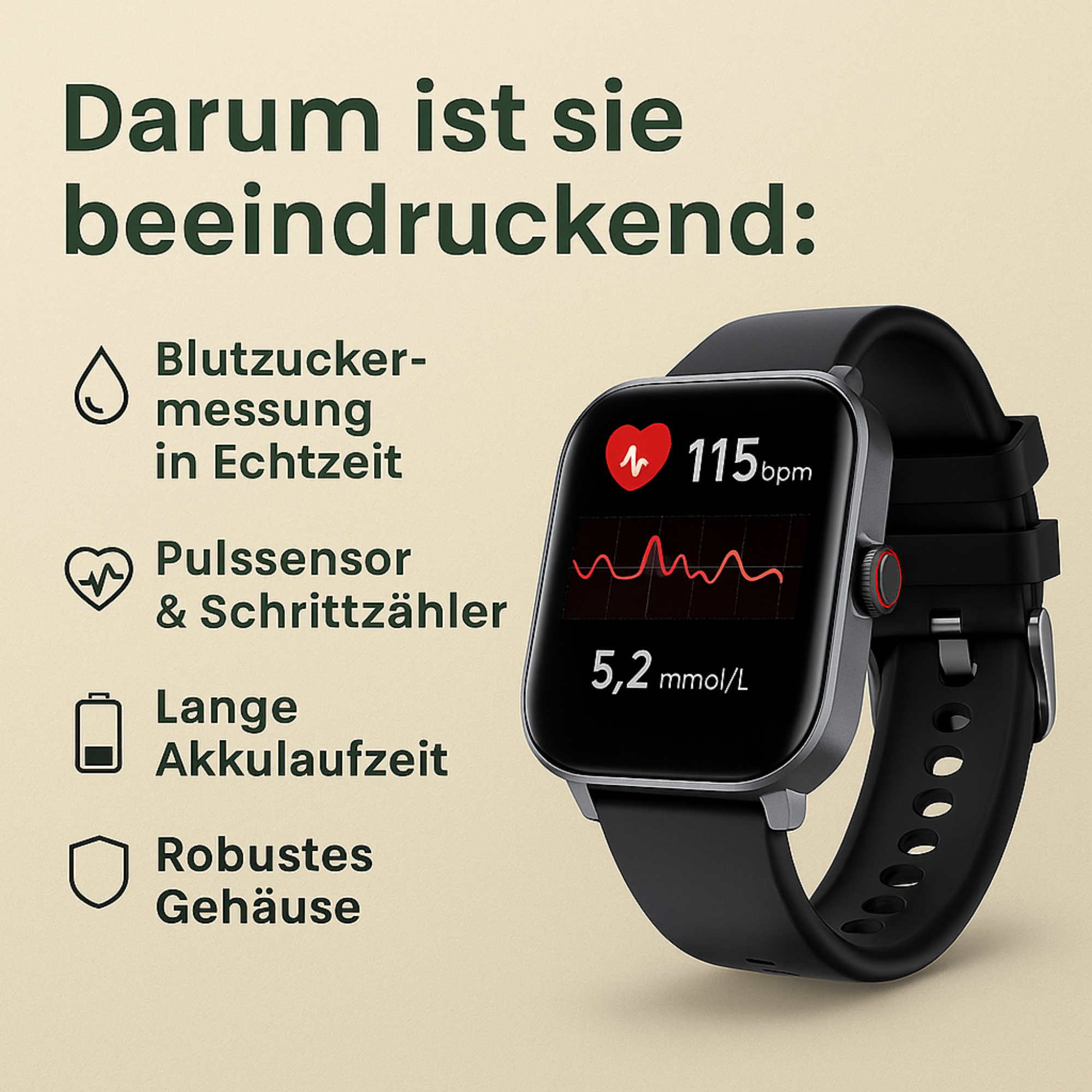 GlucoSense – Smartwatch mit Blutzuckermessung | Herzfrequenz & Schlaftracking | Für Diabetiker & Gesundheitsbewusste