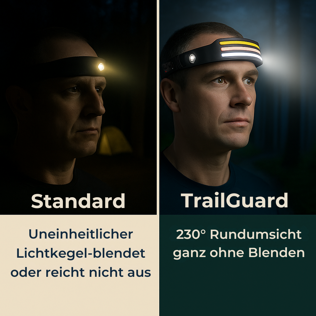 TrailGuard – Stirnlampe Sensor gesteuert | 230° Weitwinkel ultraleicht wasserdicht | Für Joggen Camping Outdoor