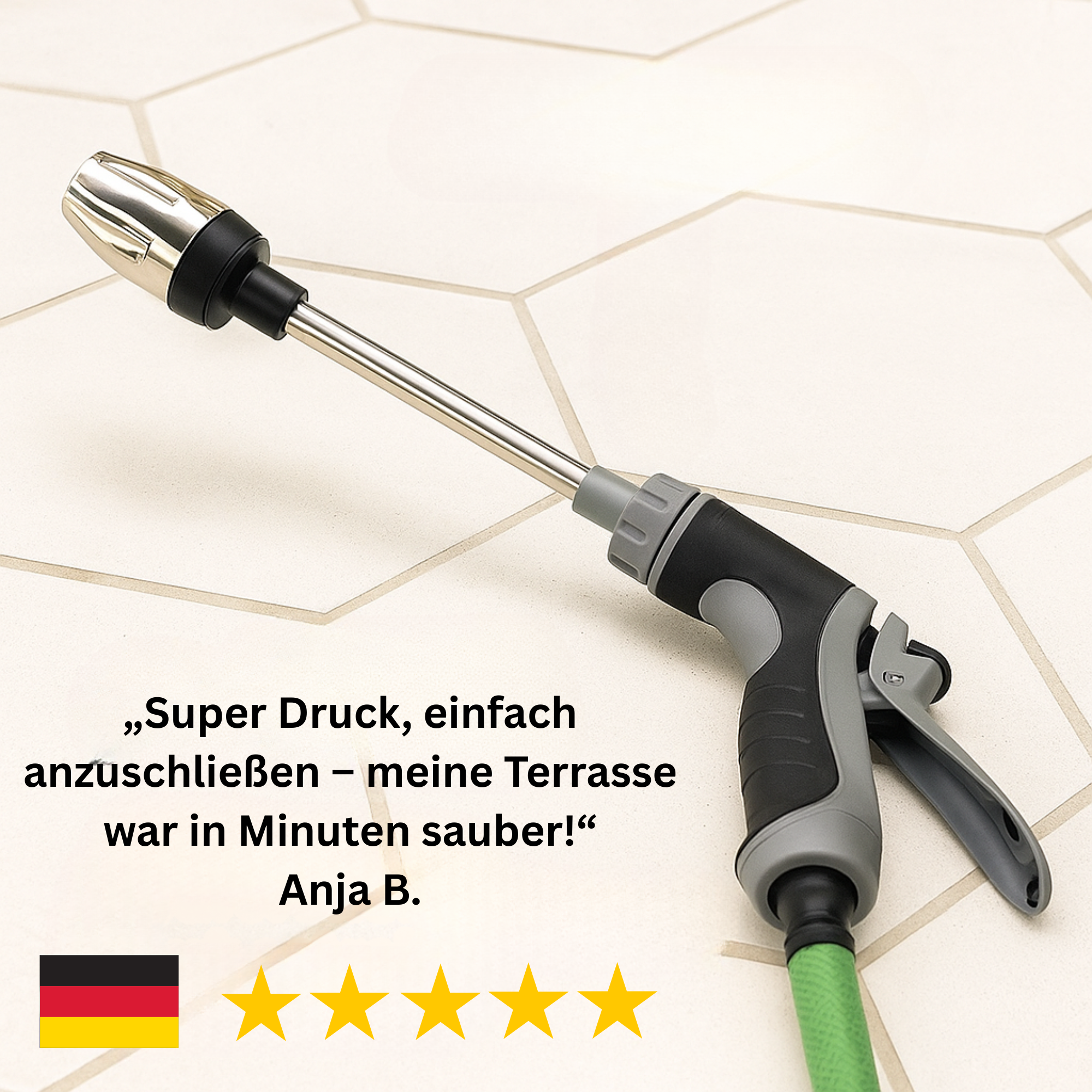 AquaJet – Hochdruck Reinigungsdüse für Gartenschlauch | Turbostrahl gegen hartnäckigen Schmutz Edelstahlkopf | Für Terrasse Auto Fassade