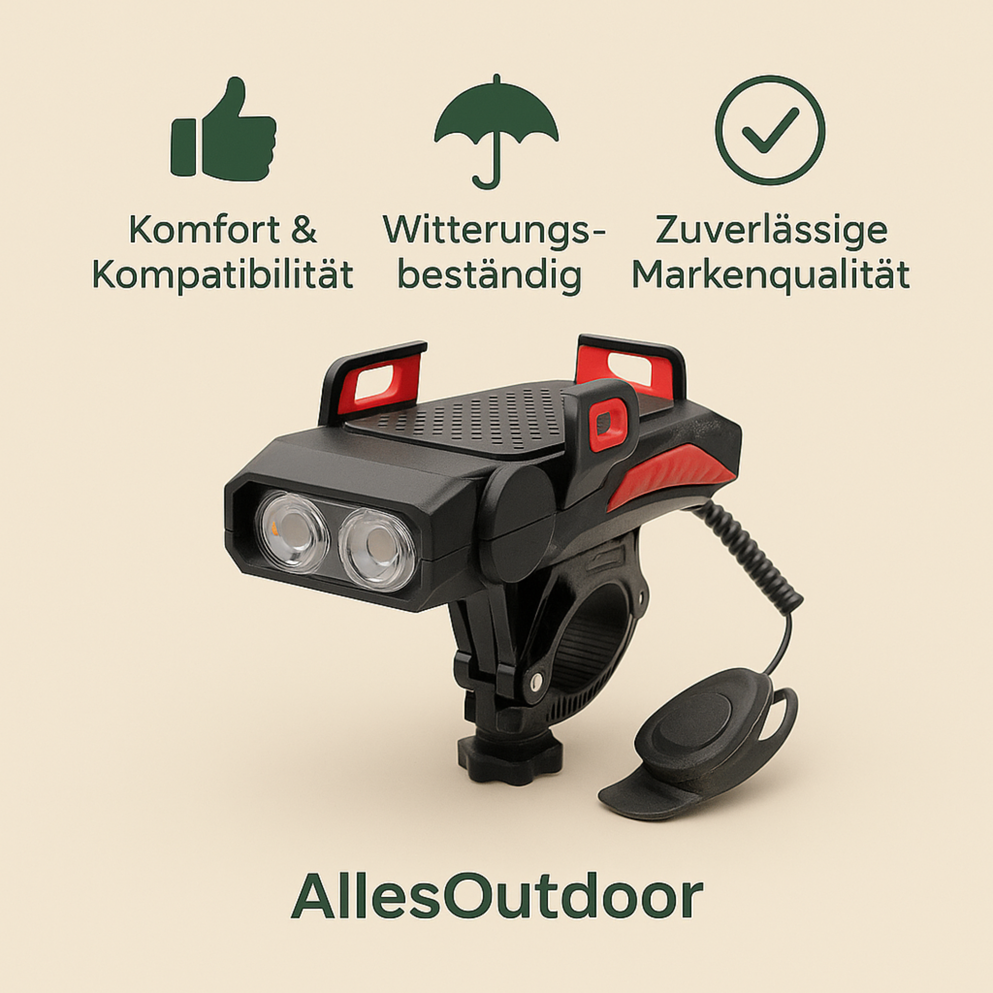 SafeVolt – 4-in-1 Fahrrad Handyhalter mit LED Licht & Powerbank | USB Hupe & rutschfest | Für MTB & Citybike Sicherheit