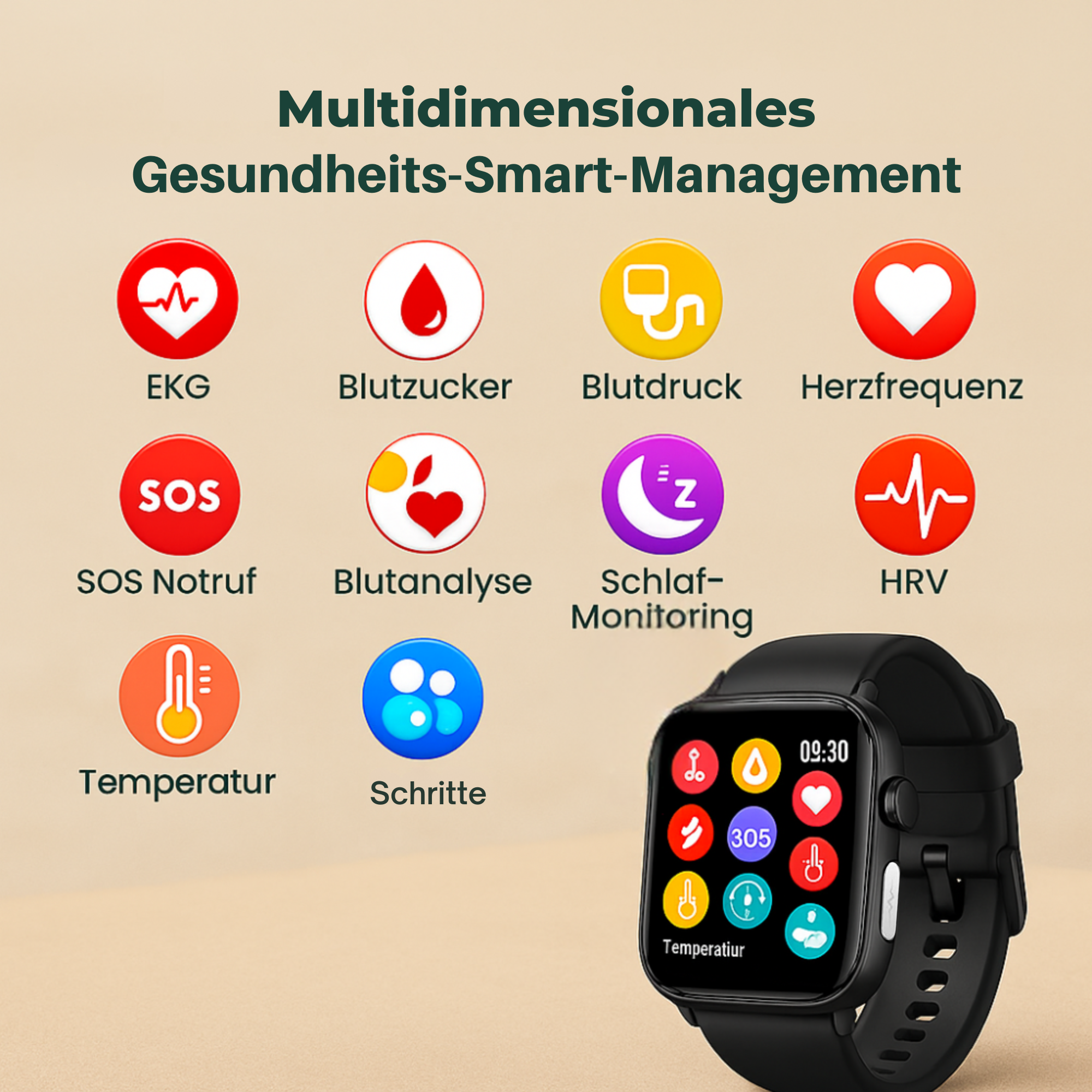 MediGuard – Gesundheits-Smartwatch mit Glukose-Tracking | Sturzerkennung & SOS in Echtzeit | Für sorgenfreies Gesundheitsmanagement