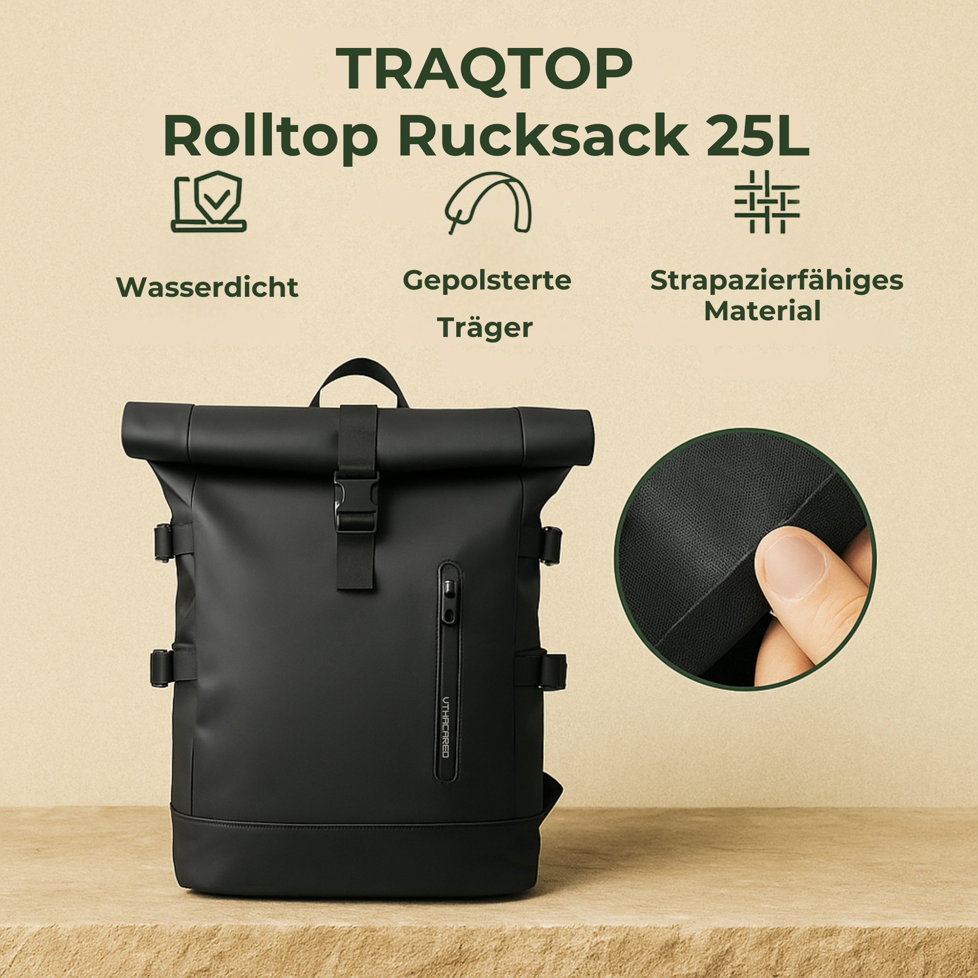 TraqTop – Rucksack mit wasserdichtem Laptopfach | Flexibler Rolltop-Verschluss mit gepolsterten Trägern | Für Pendler und Stadtradler
